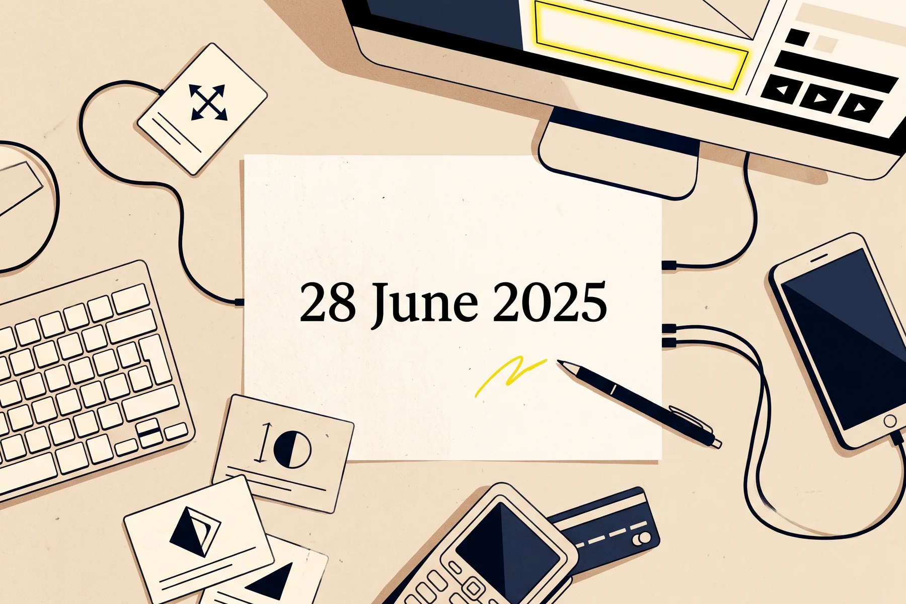 A top-down desk with a keyboard, monitor, phone and payment terminal arranged around a sheet dated 28 June 2025.