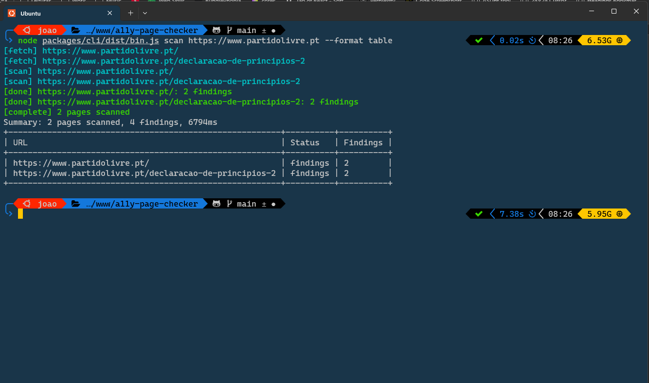 Terminal running the A11y Page Checker CLI and reporting findings for several pages.