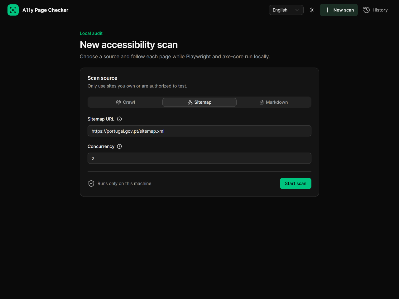 A11y Page Checker form configured to start a local sitemap scan.