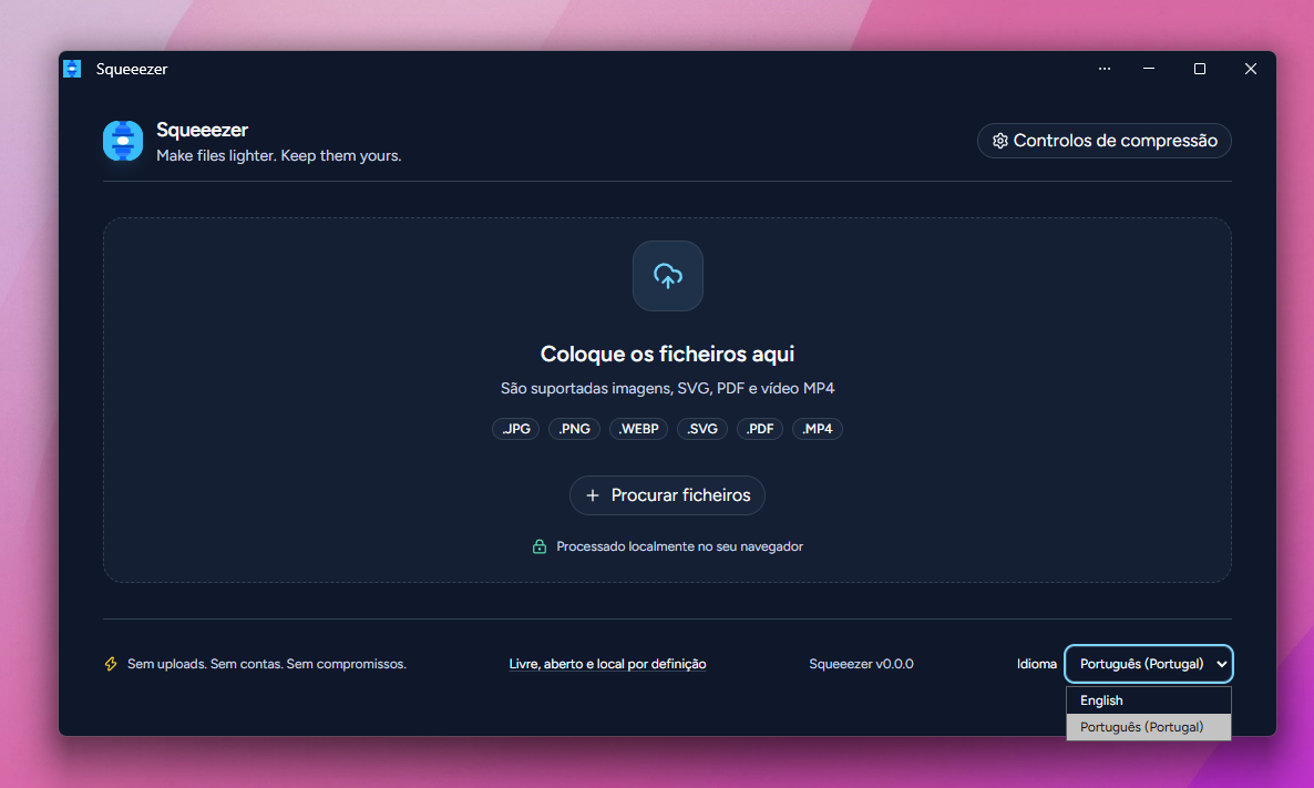 Squeeezer interface in European Portuguese with the language selector open.